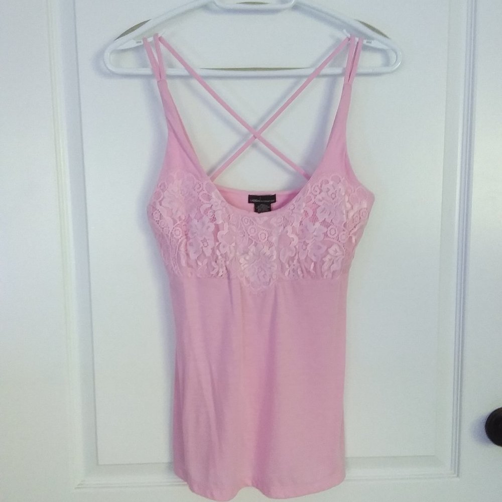 Moda International pink tank top with shelf bra and lace detail size medium